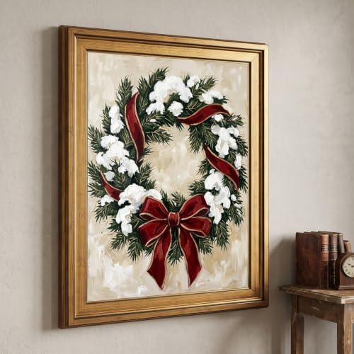 Framed Canvas Wall Art Expressive Painterly Evergreen Wreath Snow White and Red Accents Canvas Print Poster Gold Frame Wall Decor for Living Room Winter Art, Holiday Decor - Inch 8x10