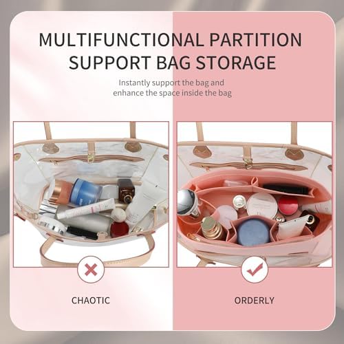 Doxo Purse Organizer Insert for Handbags & Base Shaper 2pc Set, Felt Neverfull MM Organizer Insert, Tote Bag Organizer with Zipper Pocket and Bottle Holder, Fit Speedy 30 Neverfull MM and More,Pink-L