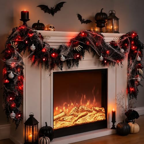 9FT Black Garland with Lights and Ornaments Prelit Halloween Decoration