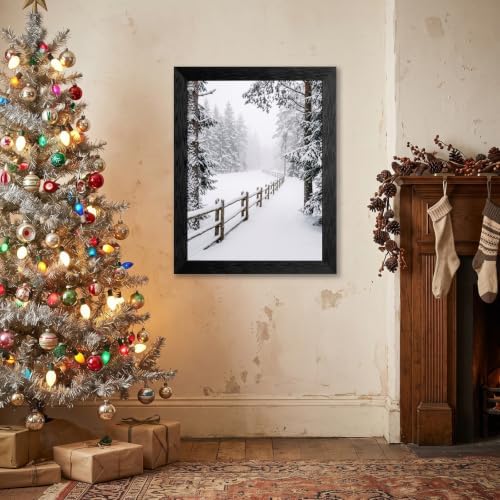 Framed Winter Fence Canvas Wall Art, Winter Scene, Black Frame Inch 12x16