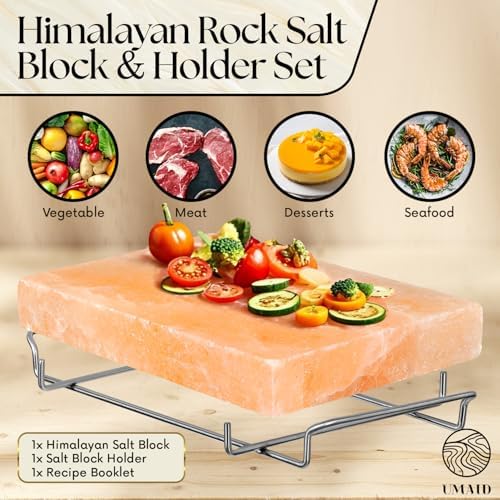 UMAID Himalayan Salt Block Cooking Plate 12x8x1.5 – Food Grade Pink Himalayan Salt Stone for Cooking, Grilling, Serving & Food Presentation – Includes Stainless Steel Tray & Recipe Booklet – Unique Gifts for Men & Women