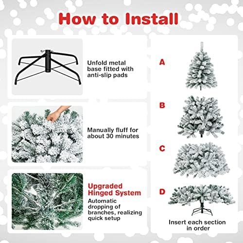 COSTWAY 7.5 FT Flocked Christmas Tree, Unlit Hinged Xmas Tree with 1010 Snowy Branch Tips & Metal Stand, Artificial Christmas Tree for Home Office Party Decoration, Green & White