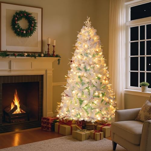 HAPPYGRILL 6FT Pre-lit Artificial Christmas Tree, Hinged Xmas Tree w/ 599 Snow Flocked Branch Tips, 250 Warm White LED Lights, White Twigs, Red Berries, Metal Stand