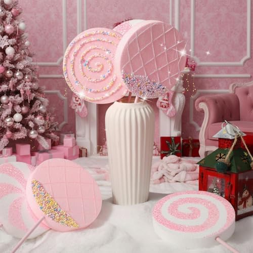 Roowest 12 Pcs 13.78'' Pastel Large Candy Christmas Decorations Giant Lollipop Candy Decoration with Sticks Macaron Peppermint Xmas Decor for Christmas Tree Ornament Holiday Party (Pink,6 Styles)