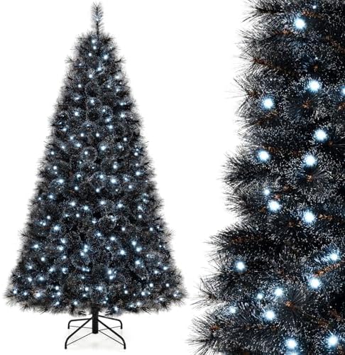 HAPPYGRILL 7 FT Pre-lit Black Christmas Tree, Artificial Halloween Tree w/572 Branch Tips, Frosted Pine Needles, 320 White LED Lights, Folding Metal Stand & Gloves, Hinged Xmas Tree for Carnival