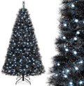 HAPPYGRILL 7 FT Pre-lit Black Christmas Tree, Artificial Halloween Tree w/572 Branch Tips, Frosted Pine Needles, 320 White LED Lights, Folding Metal Stand & Gloves, Hinged Xmas Tree for Carnival
