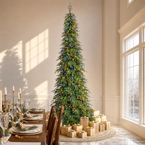Glitzhome 11ft Prelit Artificial Christmas Tree, Pencil Christmas Tree Chicago Evergreen Spruce Slim Holiday Tree with 800 Warm White & Multi-Color Lights, 3,637 PE&PVC Tips, Easy Setup for Xmas Décor