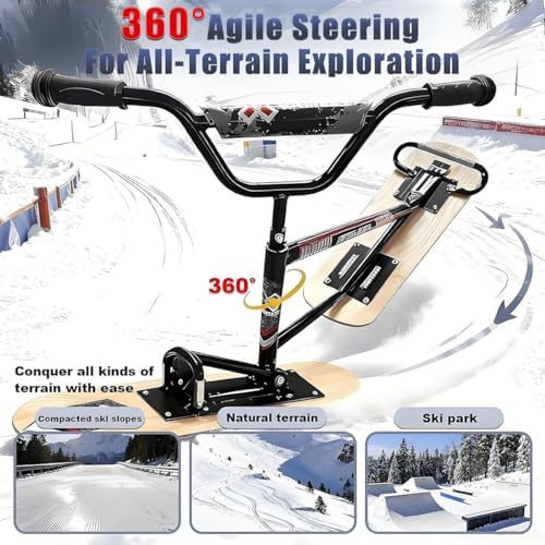 Snow Scooter Sled with 360° Spinning Ski Boards, High-Strength Aluminum Chassis & Maple Wood Platform for Family Fun and Snow Adventures, All Skill Levels