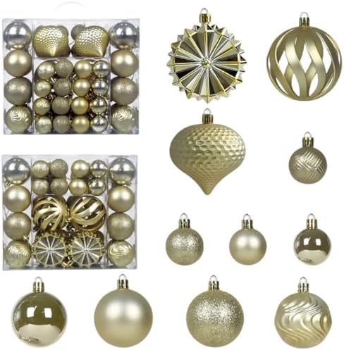 Christmas Tree Balls Ornaments Set, 48 Pcs Shatterproof Plastic Decorative Baubles Shiny Hanging Ball Ornaments for Xmas Tree Holiday Party Wedding Decoration, Gold