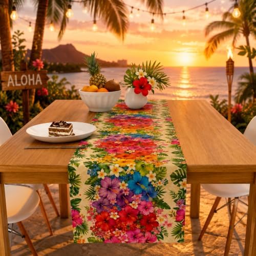 Luau Party Decorations - Tropical Hibiscus Plumeria Palm Leaf Table Runner