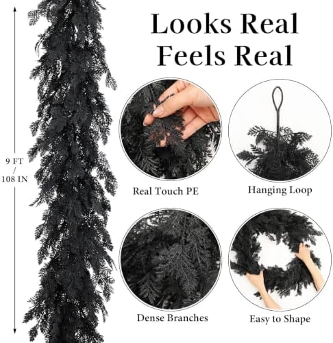 Halloween Garland 8.9FT Decorations Black Real Touch Cedar Cypress Pine Plant Artificial Halloween Garland for Mantle, Fireplace, Table, Stairs, Door, Porch, Indoor Outdoor Decorations, Black