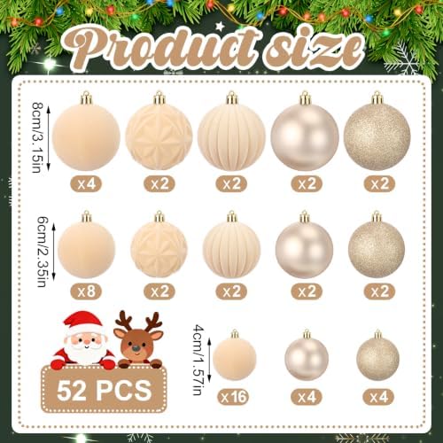 Civaner 52 Pcs Velvet Christmas Ball Ornaments Flocked Christmas Tree Hanging Ornaments 3 Assorted Size Shatterproof Xmas Ball Decorations Set for Xmas Holiday Winter Party Decor(Beige)