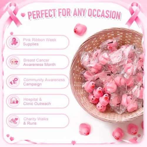 Thenshop 50 Pcs Pink Ribbon Rubber Duck Relief Favors, Awareness Gifts