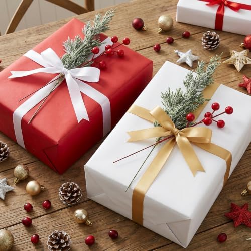 30 Pcs Artificial Christmas Snow Pine Branches Red Berry Stems Faux Sprigs