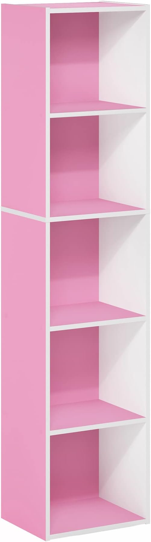 Furinno PASIR Book Shelf, 5-Tier Modern Bookshelf, Open Shelves Bookcase 9 x 12 x 52, Easy Assembly, for Living Room, Bedroom, Home Office, Pink/White