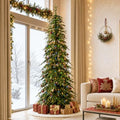 Glitzhome Prelit Christmas Tree, 9ft Pencil Artificial Christmas Tree with 580 Warm White & Multi-Color LED Lights, 9 Function w/Remote, Simple Setup, Chicago Evergreen Spruce for Home Holiday Décor