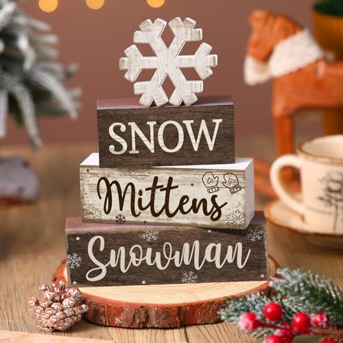 Moucuny 4 Pcs Wooden Snowman Block Signs Farmhouse Table Decoration