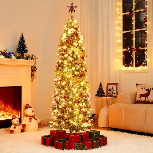 7.5ft Snow Flocked Artificial Pencil Christmas Tree, Unlit Slim Xmas Tree with Pine Cones, PVC Branch Tips Metal Stand, for Indoor Holiday Home/Office Decor