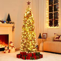 7.5ft Snow Flocked Artificial Pencil Christmas Tree, Unlit Slim Xmas Tree with Pine Cones, PVC Branch Tips Metal Stand, for Indoor Holiday Home/Office Decor