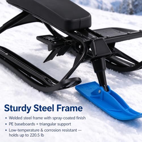 Snow Racer Sled 220.5lb Capacity Ice Skating Equipment, Ski Sled Slider Board for Kids & Adults, Snow Sled for Kids with Flexible Steering Wheel, Two Serrated Brakes, 18" Seat