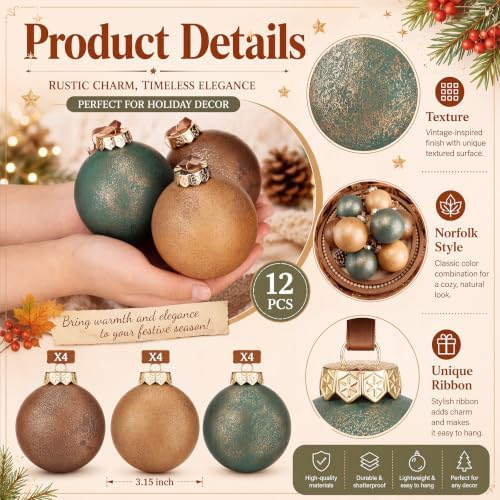 Yunlly 12 Pcs Neutral Christmas Ornament, Brown Copper Sage Green, 3.15''