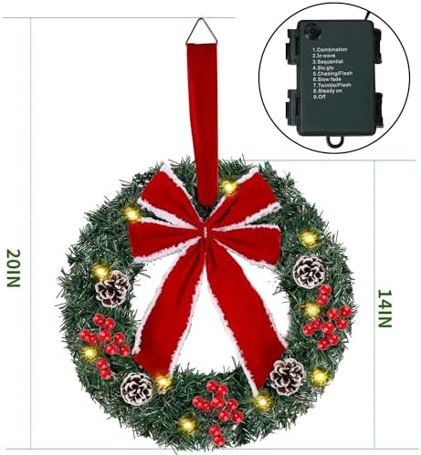 Hausse Set of 3 Christmas Wreaths, Lighted Artificial Christmas Wreath with Large Red Bow & Ornaments, Battery Operated with LED Lights, for Front Door Gate Wall Christmas Party Decorations