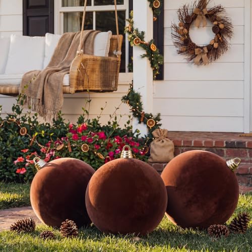 Threan 12 Inch Large Chololate Brown Christmas Ball Ornaments Giant Oversized Plastic Velvet Brown Christmas Ball Decoration Shatterproof UV Hanging Ornament for Xmas Tree Outdoor Indoor Hanging Decor