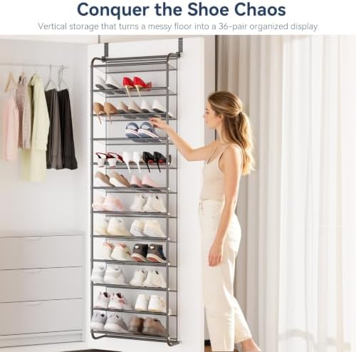 Whitmor 36 Pair Over the Door Shoe Rack,12 Tier Hanging Shoe Organizer with Metal Frame & Mesh Shelves, Heavy Duty Shoe Storage Holder for Door, 74" H x 21.7" W x 7.5" D, Matt Gunmetal