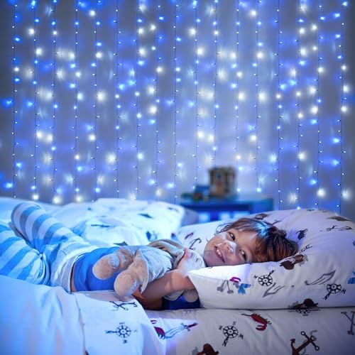 JMEXSUSS 300LED Christmas Curtain Lights Plug in, Blue and White, 9.8x9.8ft
