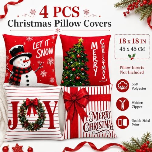 Christmas Decorations - Set of 4 Double-Sided Print Christmas Pillow Covers