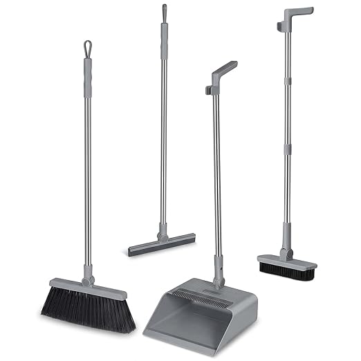 Broom and Dust Pan, Broom and Dustpan Set with Push Brooms, Self-Cleaning Comb & Space-Saving Design for Indoor Outdoor Cleaning (Grey)