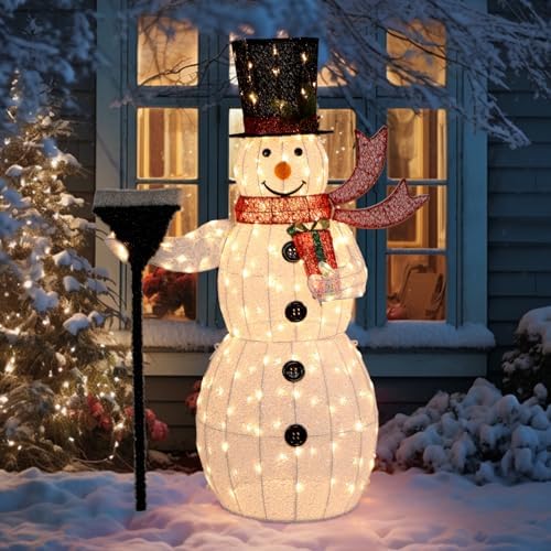 VINGLI 5FT Outdoor Snowman Christmas Decorations, Lighted Outdoor Snowman w/200 LED Lights, Tall Hat, Red Scarf, Zip Ties, Ground Stakes for Indoor, Yard, Outside Xmas Decor