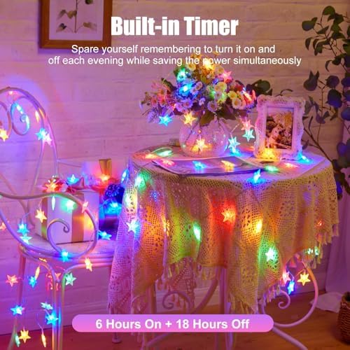 Minetom Star String Lights Battery Operated - 2 Pack 17 ft 50 LED Star Fairy String Lights with Timer, Waterproof for Indoor Bedroom Tent Loft Bed Patio Party Wedding Decor, Multi-Color