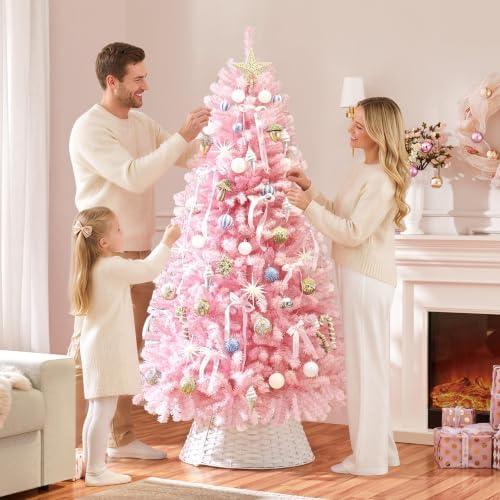 Yaheetech 6ft Pre-lit Christmas Tree with 300 Warm White Lights, Pink