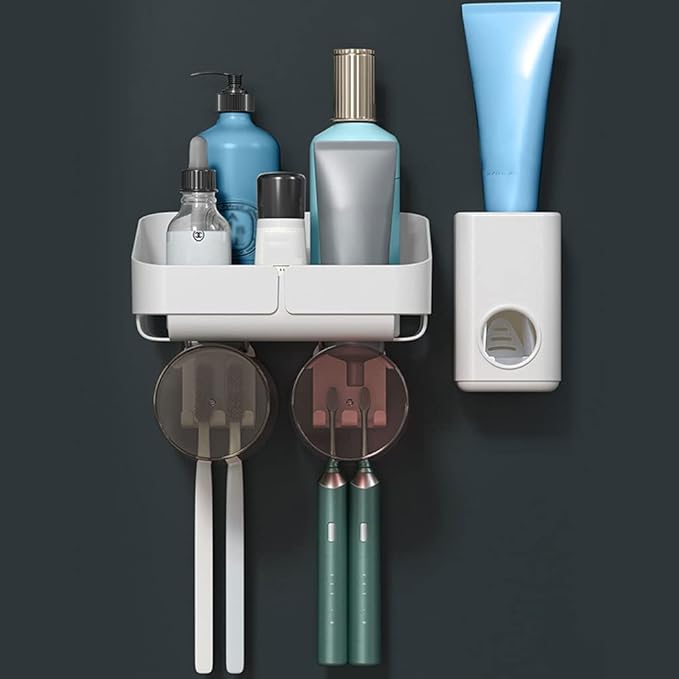 Toothbrush Rack Multifunctional Bathroom Toothbrush Holder Wall Mounted Organizer, Toothbrush Holder with Toothpaste Dispenser and Cups Bathroom Toothbrush Holder(B)