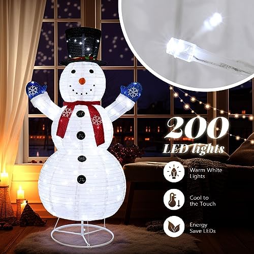 VINGLI 6FT Lighted Pop Up Snowman Christmas Decorations, 200 LED Warm White Lights with 20 Flashing Bulbs, Telescopic Snowflake Snowman for Outdoor Yard Lawn Porch, 30V Low Voltage Holiday Decor