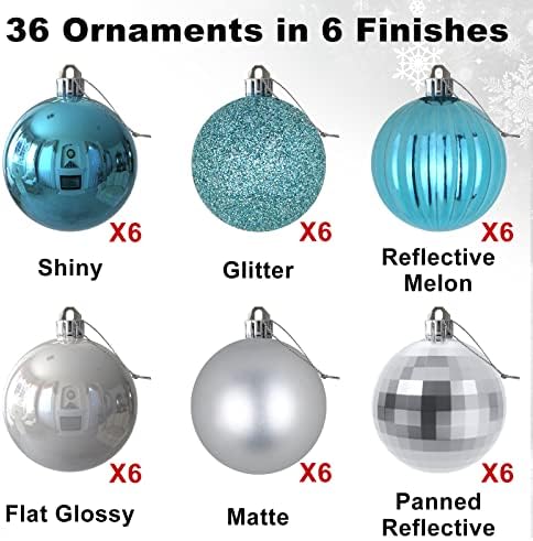 Baby Blue & Silver 2.5" Christmas Balls Christmas Tree Decoration Ornaments Shatterproof Hanging Balls for Birthday Halloween Holiday Wedding Decorations Set of 36pcs