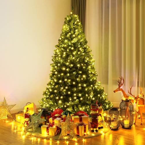 HAPPYGRILL 6 FT Pre-Lit Artificial Christmas Tree, Artificial Hinged Tree with 350 LED Lights, 1000 PVC Branch Tips and Foldable Base, Premium Spruce Tree with 11 Color Modes for Holiday Decor