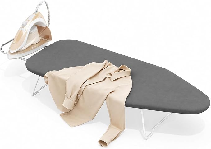 Small Ironing Board Tabletop with Heat Resistant Cover, Compact Mini Ironing Board (with Iron Rest) & Metal Frame, for Dorm, Apartment, Hook for Hanging, Iron Board 12x30, Iron Table Stand Pure Gray