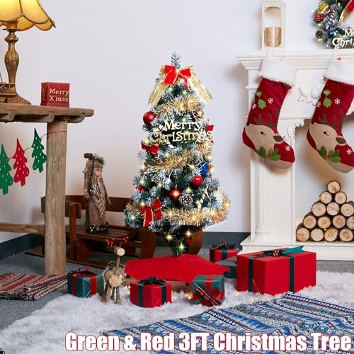 3ft Christmas Tree with Lights, Christmas 36inch Small Artificial Tabletop Tree, Xmas Desk Mini Tree with 50 LED Lights, Hanging Ornaments Decorations, Holiday Tree for Home Decor, Indoor, Office