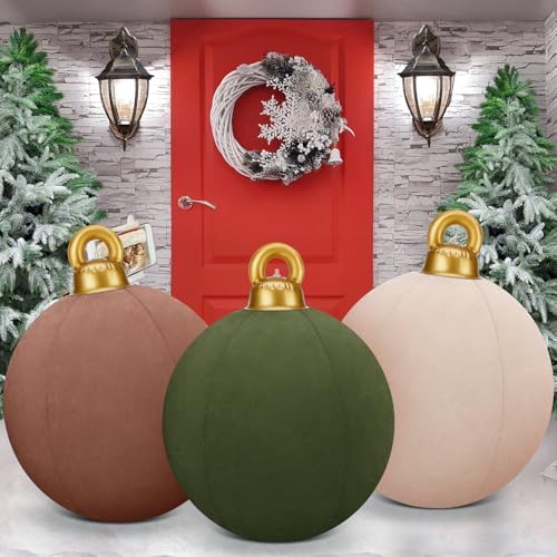 3 Pcs 32 Inch Giant Velvet Christmas Inflatable Balls, Brown, Khaki, Green