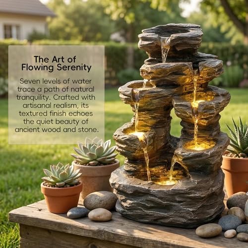 7-Tier Cascading Outdoor Fountain with LED Lights, 23 inch H Fountains and Waterfalls Stone-Look for Garden, Patio, Yard Decor