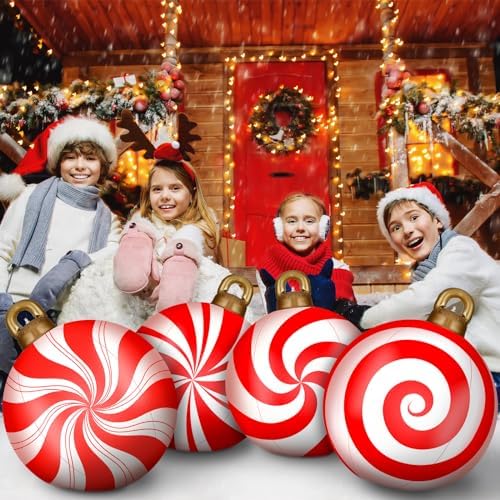 Jetec 4 Pcs Giant Inflatable Christmas Ball, Candy, Red, White