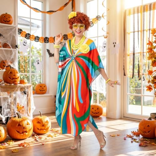 Halloween Women Landlady Costume Caftan Dress Curly Wig Jewelry & Sunglass