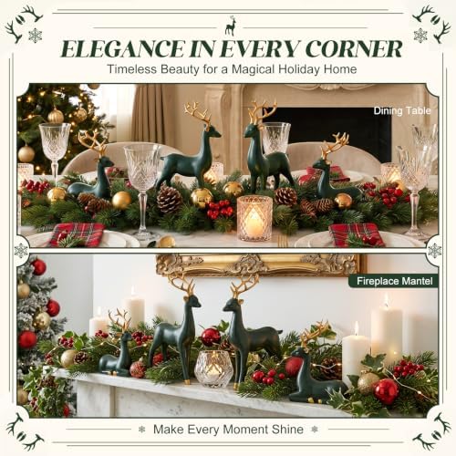Thyle 4 Pcs Christmas Reindeer Decor Indoor Dark Green Resin Deer Figurine
