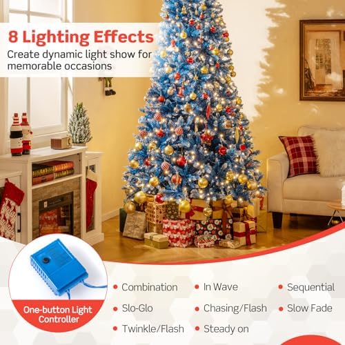 HAPPYGRILL 9 FT Pre-lit Christmas Tree Blue Hinged Artificial Xmas Tree with 520 Warm White LED Lights, 8 Modes, 1938 Frosted Branch Tips, Folding Metal Base, for Home Party Holiday