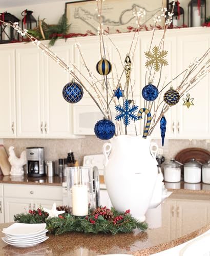 Briful 80ct Blue & Gold Christmas Balls Ornament Set, Plastic Shatterproof Christmas Ornament Balls with Tree Topper Candy Canes Snowflakes for Xmas Tree Wreath Garland Decor