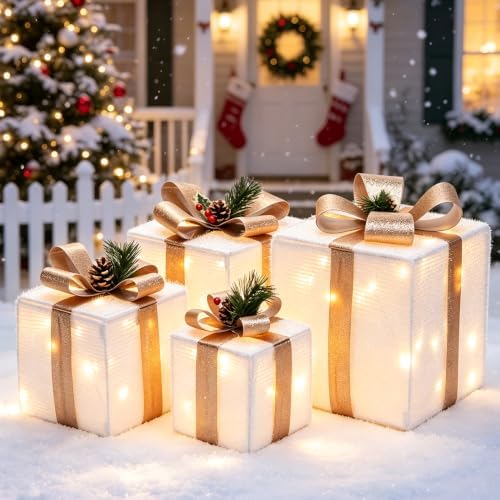 DomKom Set of 4 Christmas Lighted Gift Boxes, 70 Led Light Up White Iron Frame Present Box with Pine Cones Bows for Christmas Tree Party Yard Holiday Indoor Outdoor Decoration