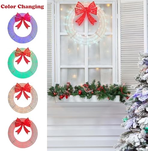Lighted Wreath Christmas Outdoor Decorations, 24in Small Christmas Outdoor Lights Wreaths 110 Multi-Color Changing Lights, Prelit Wreath with Plug-in for Front Door, Window, Garage-White