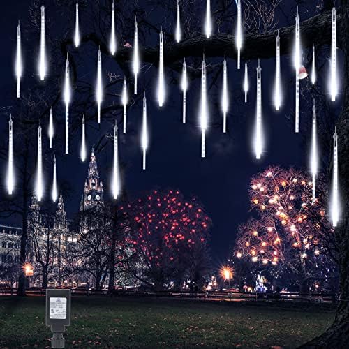 Meteor Shower Lights Outdoor, 2 Pack 11.8 Inches 10 Tubes 240 LED Snowfall Lights, Waterproof Meteor Christmas Light, Hanging Falling Rain Light for Tree Bushes Holiday Party Decoration, White